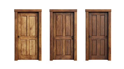 Wooden door with natural finish, vertical panels, and classic style isolated on white background