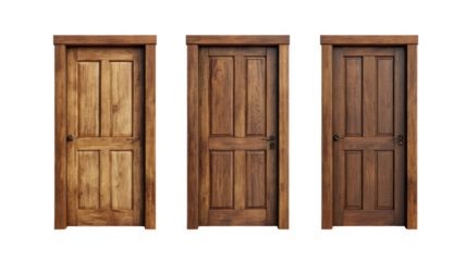 Wooden door with natural finish, vertical panels, and classic style isolated on white background