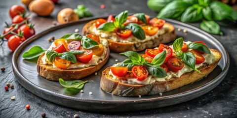 Delicious Toasted Bread with Creamy Spread, Cherry Tomatoes, and Fresh Basil Garnish