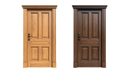 Classic wooden door with natural grain texture and panel design isolated on white background
