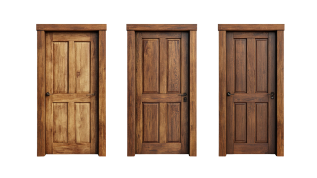 Wooden door with natural finish, vertical panels, and classic style isolated on white background