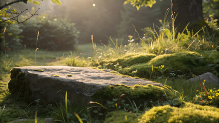 Naklejka premium Sunlit Stone in a Lush Garden Early Morning Light Illuminating Mossy Terrain Creating Serene Tranquility and Beautiful Nature