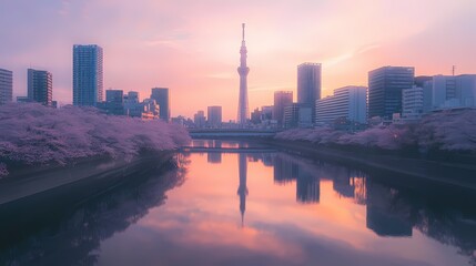 Fototapeta premium A tranquil cityscape at dawn, reflecting in a calm river, with blossoming cherry trees lining the banks.