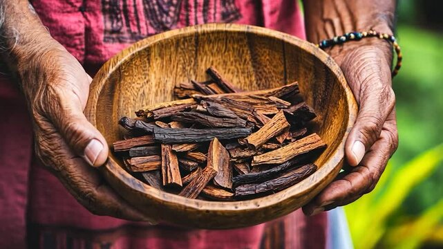 Dried wood chips held in a wooden bowl by weathered hands