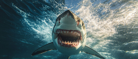 Underwater world close-up of a shark surrounded by bubbles. Documentaries on marine life, articles on the underwater world, and educational materials on biology.