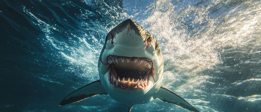 Underwater world close-up of a shark surrounded by bubbles. Documentaries on marine life, articles on the underwater world, and educational materials on biology.