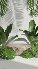 Minimalist Tropical Scene with Wooden Stump