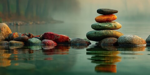Calm river landscape with stacked stones during early morning fog
