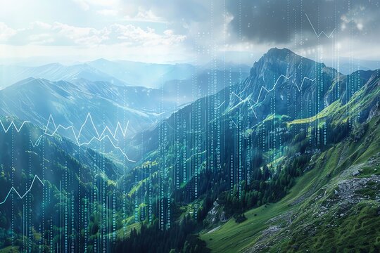 Mountain landscape with superimposed stock market graphs.