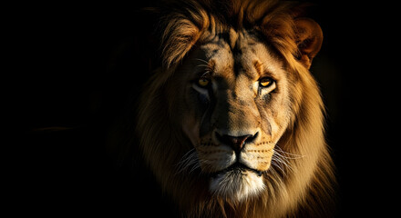 Fototapeta premium Majestic Lion Portrait Looking at Camera in Low Key Lighting