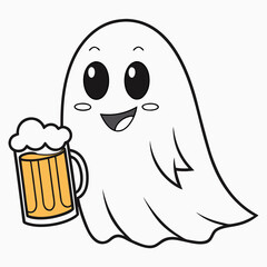 Smiling cartoon ghost holds a mug of beer, presented against a transparent backdrop