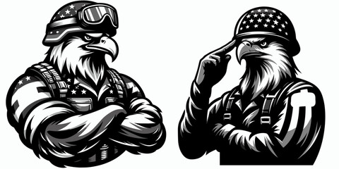 A Bald Eagle wear american flag print soldier helmet. Independence Day 4th of July Patriotic Usa America Vector Clipart. avian with stars stripes decoration upon military headgear.