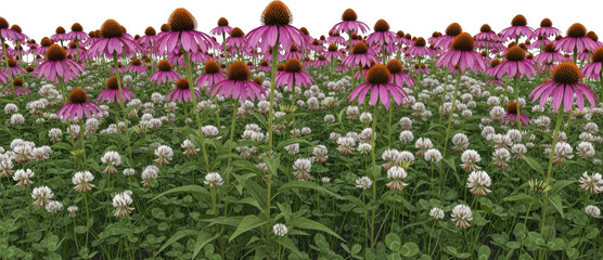 Field of pink coneflowers and white clover flowers in full bloom with green leaves