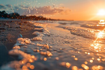 Sunset beach wave with digital network overlay.