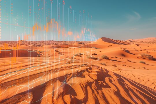 Futuristic data overlay on a desert landscape at sunset. - Powered by Adobe