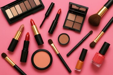 A vibrant collection of makeup products and brushes laid out on a pink surface