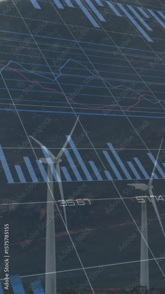 Poster animation of multiple graphs with changing numbers over windmill against mountain and cloudy sky