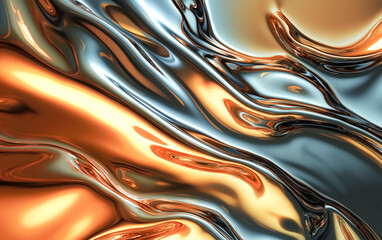 Iridescent liquid swirls background in golden color. Holographic texture wallpaper for header or banner website.