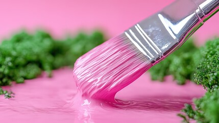Pink paint flowing from a brush onto a surface, surrounded by green plants.