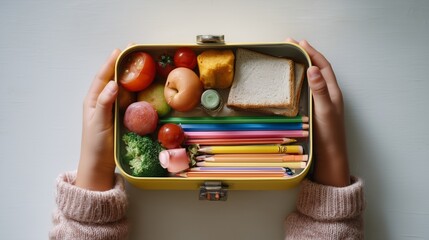 top down view of child hands holding lunchbox with healthy food and stationery