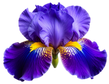Close-Up of Deep Purple Iris Flower with Yellow Markings, Front View, Isolated on Transparent Background