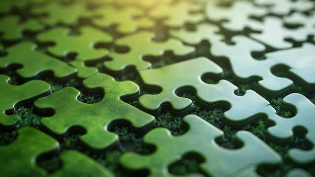 Green puzzle pieces interlocking on a bed of moss representing environmental harmony