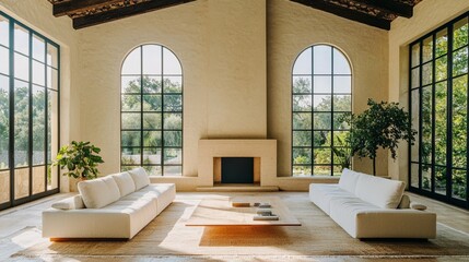 Modern living room design with a warm ambiance created by a fireplace.