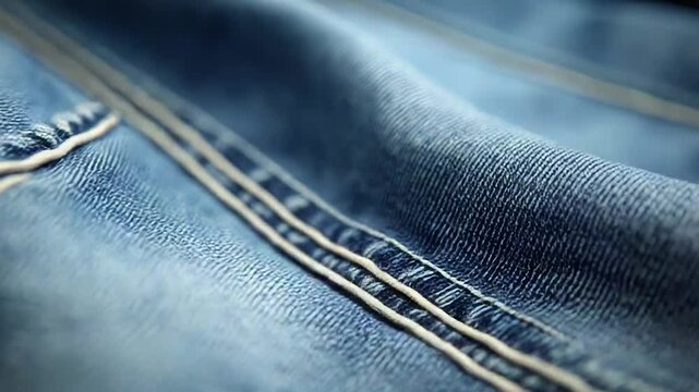 Close up of blue denim fabric showing texture and stitching