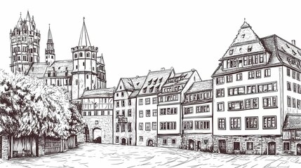 Hand drawn illustration of medieval european city street scene.