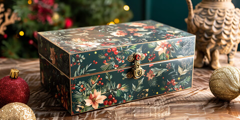 Floral patterned box with metal clasp surrounded by festive Christmas decorations


