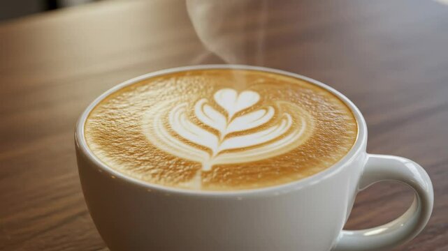 Latte Art Coffee in White Mug - Close-up view of a latte with beautiful leaf-shaped foam art in a white mug, sitting on a wooden table.
