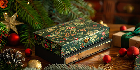 Christmas presents with festive decorations pine cones and ornaments

