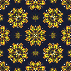 Seamless Thai ethnic oriental traditional fabric pattern. Embroidery Cross Stitch Ethnic pattern floral pixel art motifs in yellow, orange, brown, cream. Ideal for textiles, fashion, decor, clothing
