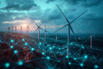 Smart wind farm at sunset, connected network.