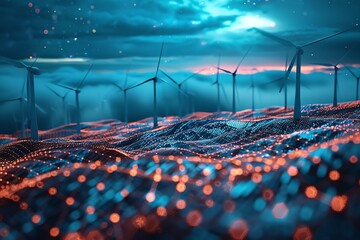 Futuristic wind farm on a digital landscape at sunset.