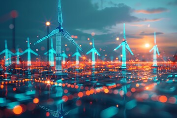 Futuristic wind turbines at sunset, digital network.