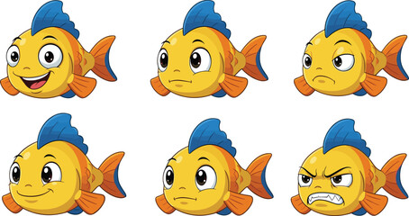 Cartoon yellow fish with blue fin showing six different facial expressions, cute aquatic character emotion set, underwater animation concept art