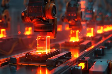 Futuristic robotic arm processing glowing cubes on assembly line.