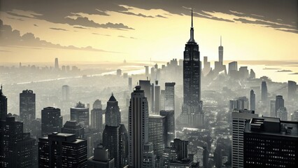 Majestic new york city skyline bathed in golden hour light