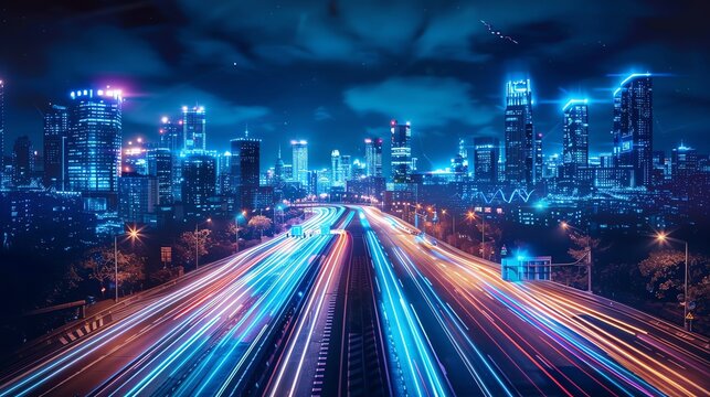 Futuristic cityscape at night with vibrant light trails on highway.