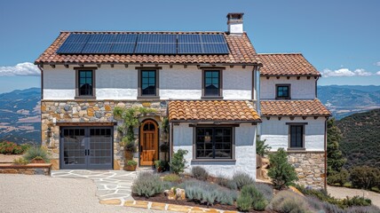 Modern residential home with solar panels and landscaped garden in a scenic mountainous area