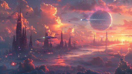 Futuristic city skyline at sunset with flying vehicles and a large planet.