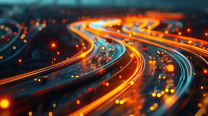 Abstract highway with glowing light trails at night.
