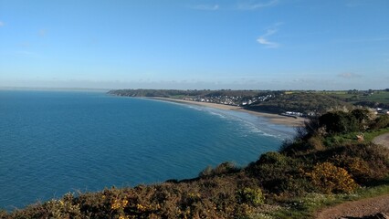 On top of the cliff in Plouha, on a sunny day. Scenic coastline in Cotes D' Armor, Brittany, France. Panoramic landscape in sunny day
