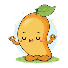 Cute And Adorable Colorful Mango Fruit Cartoon Characters Doing Yoga And Meditation Illustration