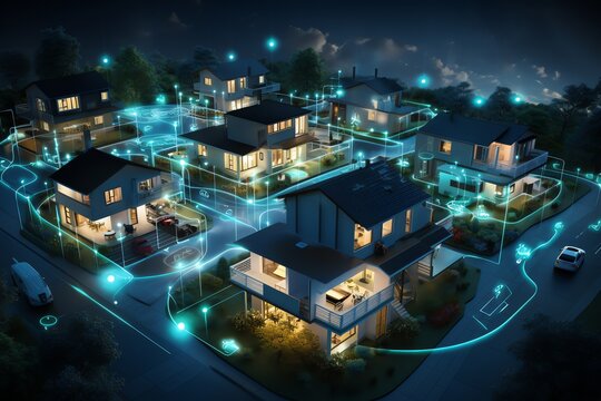 Smart homes connected in a residential area at night.