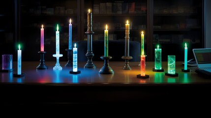 Colorful candles burning on a desk, dark background.
