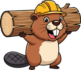 Cute cartoon beaver character carrying wooden log, wearing construction helmet, lumberjack animal mascot for kids, comics, logo, stock illustration