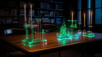Illuminated glass candle holders on wooden table in library.
