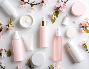 Top view flat lay of Korean skincare products, pastel color theme, elegant minimalist packaging, on clean white background